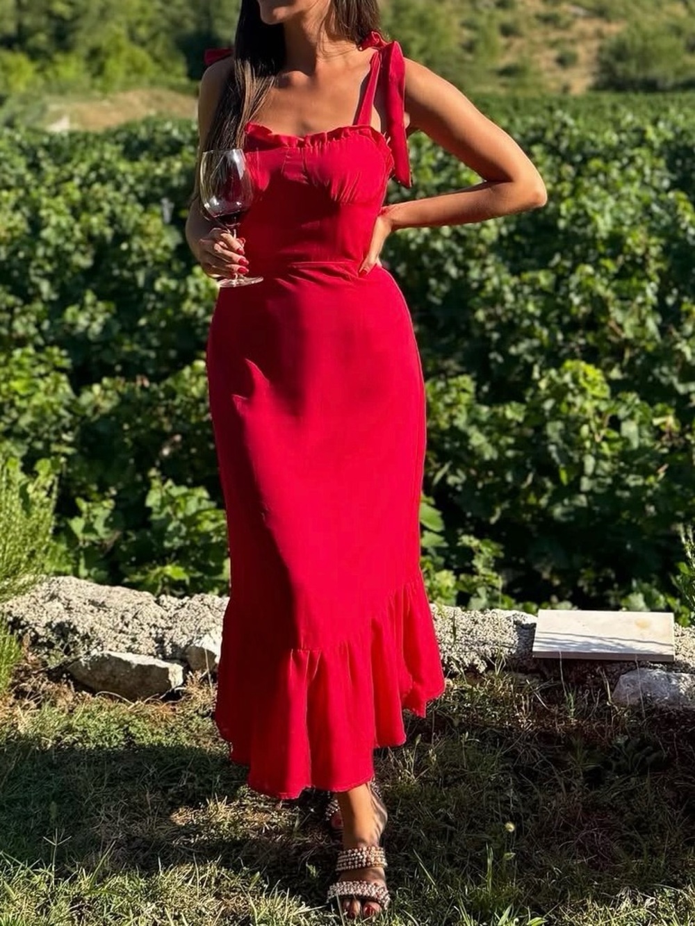Red Tie-Shoulder Midi Dress